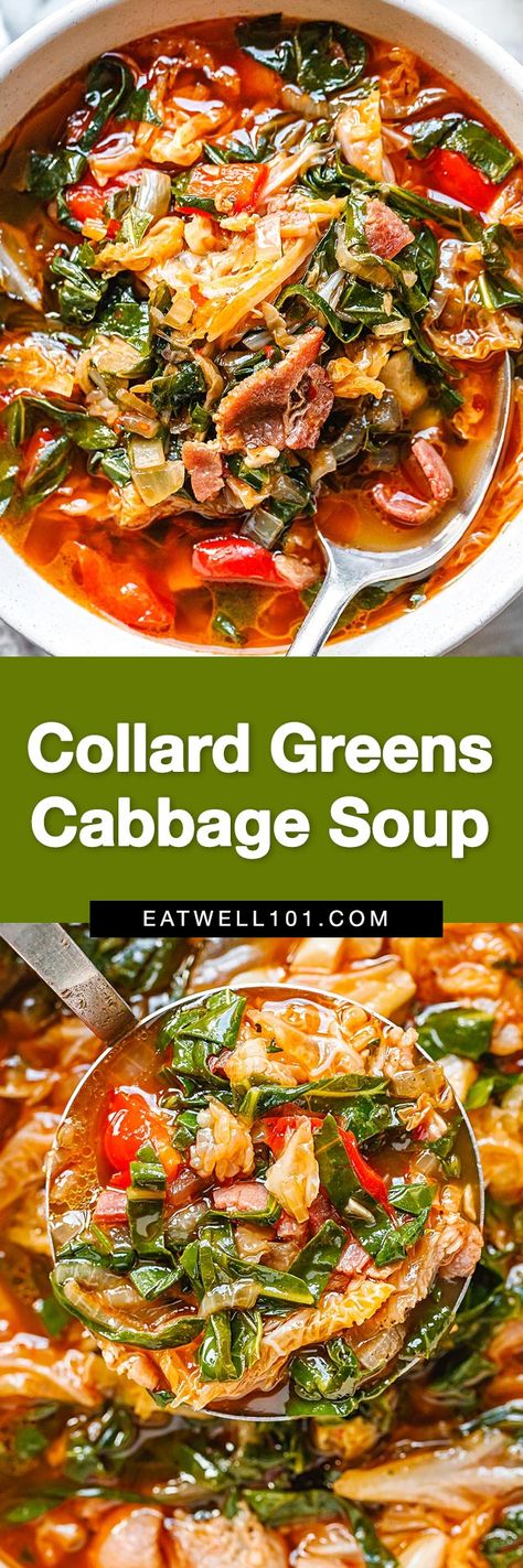 Collard greens and cabbage soup - #cabbage #collardgreens #soup #recipe #eatwell101 - Try our cabbage and collard greens soup for a dinner that's super satisfying, high in fiber, low-calorie, gluten-free, loaded with veggies! - #recipe by #eatwell101® Green Cabbage Soup Recipes, Cabbage And Greens Stew, Cabbage And Kale Soup Recipes, Soup With Collards, Greens And Cabbage Mixed, Keto Collard Greens, Collard Greens And Cabbage, Soup With Collard Greens, Collard Greens Soup