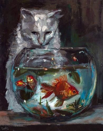 The observer - adam deda Creative Animal Paintings, Gold Fish Painting Acrylics, Cat And Fish Illustration, Fishbowl Painting, Fish Tank Painting, Fish Bowl Painting, Fish Bowl Drawing, Fish Tank Art, Fish Art Illustration