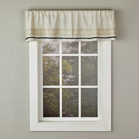 Farmhouse with a bit of flair. This 1-piece valance is made of lightweight linen-blend natural fabric with frayed stripes and deep, dark navy pom pom-like trim. This unlined design features a 1.5 inch diameter rod pocket and can be used solo or with the coordinating Frayser window treatments to complete the look. SKL Home by Saturday Knight Ltd. brings personality, fun, and flair to the most intimate spaces in your home, with products ranging from bath accessories and shower curtains to towels, Farmhouse Valances, Rustic Valances, Sheer Valances, Simple Pop, Farmhouse Windows, Window Accessories, Valance Window Treatments, Curtain Valance, Window Valance