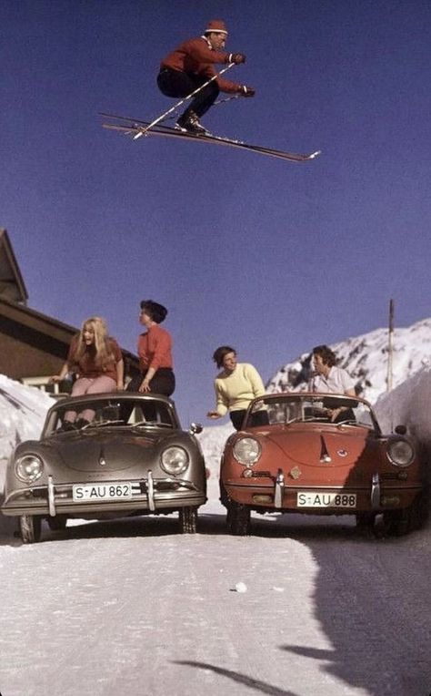 Porsche In Snow, Vintage Skiing Aesthetic, Vintage Ski Photos, Skiing Aesthetic, Ski Set, Ski Aesthetic, Vintage Ski Posters, Ski Bums, Ski Art