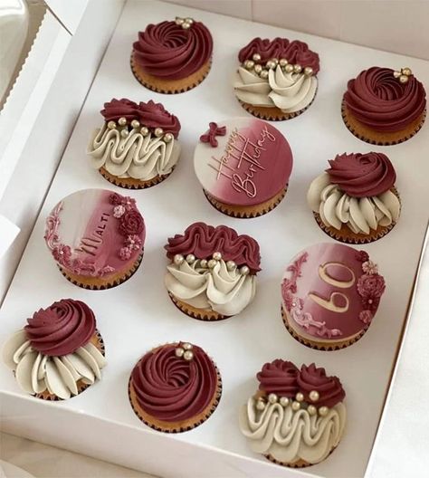 60th Birthday Cupcake Ideas, 65th Birthday Cupcakes, 60th Cupcakes For Ladies, Cupcake Decor Ideas, 60th Birthday Cupcakes For Ladies, Cupcake Birthday Ideas, Burgundy Cupcakes, Prom Cupcakes, Elegant Cupcake Designs