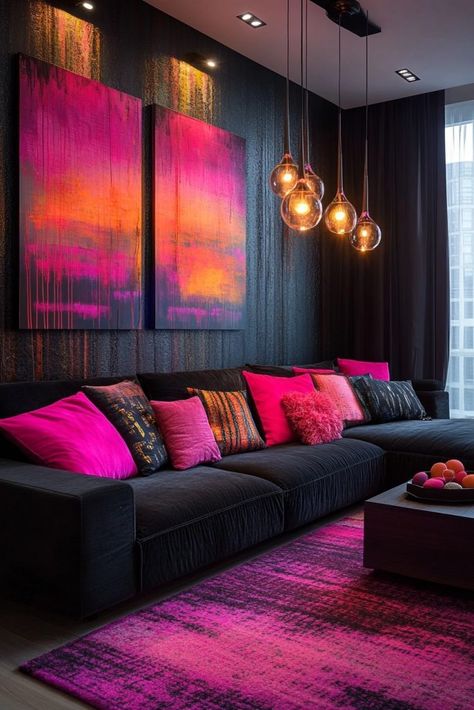 Pink And Black House Interior, Hot Pink Dining Room, Hot Pink Couch Living Room Ideas, Black And Pink Living Room, Black And Pink Living Room Decor, Pink And Black Living Room, Jewel Tone Living Room Decor, Pink Couch Living Room, Pink Living Room Ideas