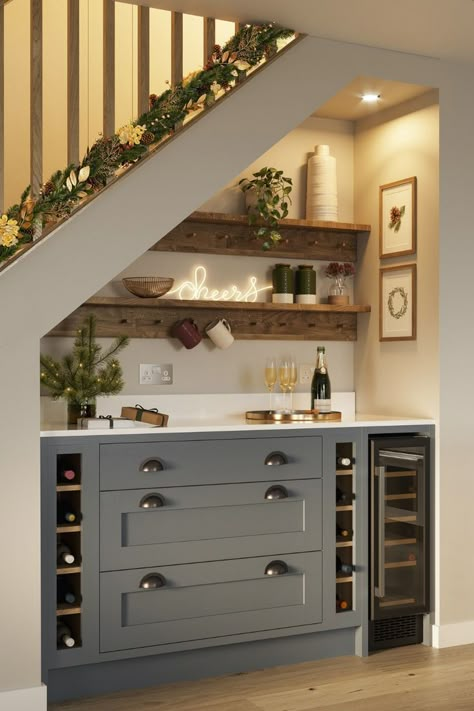 Under Staircase Bar Ideas, Kitchen Next To Staircase, Staircase Next To Kitchen, Kitchen Near Staircase, Bar Below Staircase, Staircase Into Kitchen, Add Stairs To House, Understairs Wine Bar, Stairway In Kitchen