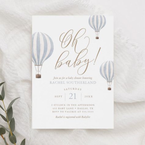 Hot Air Balloon Invitation, Blue Hot Air Balloon, Blue Baby Shower Invitations, Balloon Invitation, Boy Shower Invitations, Baby Shower Invitaciones, Baby Shower Supplies, Boy Baby Shower Themes