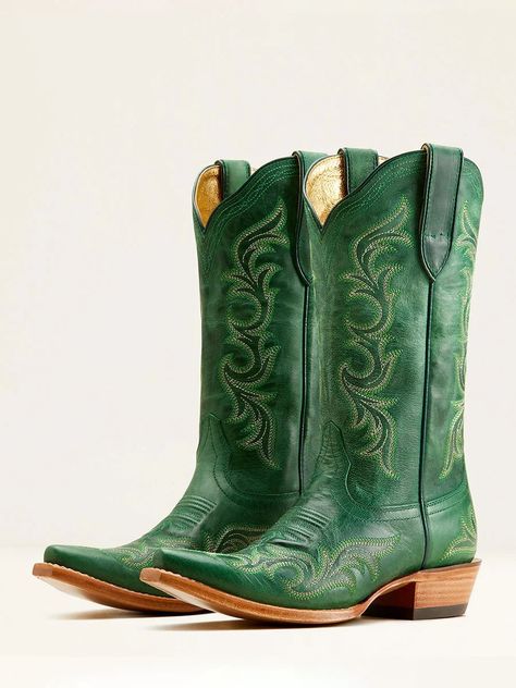 Green Vegan Leather Snip Toe Chunky Heel Embroidered Cowgirl Boots Green Cowboy Boots, Style Western Boots, Embroidered Cowgirl Boots, Boot Scootin Boogie, Green Boots, Spot Lights, Green Heels, Rhinestone Sandals, Leather Lace Up Boots