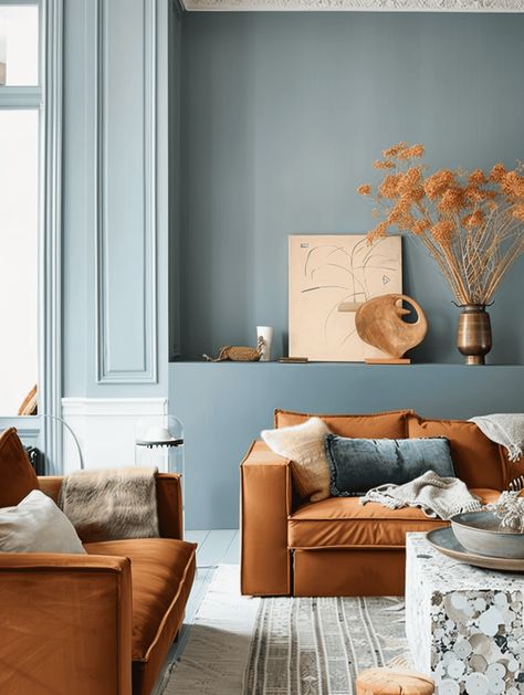 What Colors Go With A Rust Color Scheme In Your Home? [17 Color Ideas You Will Love!] Rust Furniture Living Room, Light Blue And Terracotta Living Room, Beige And Terracotta Living Room, Living Room With White Floor, Bright Interior Paint Colors, Living Room Color Scheme Ideas Bright, Sofa Color Palette, Rust Sofa Living Room Ideas, Blue And Rust Color Palette