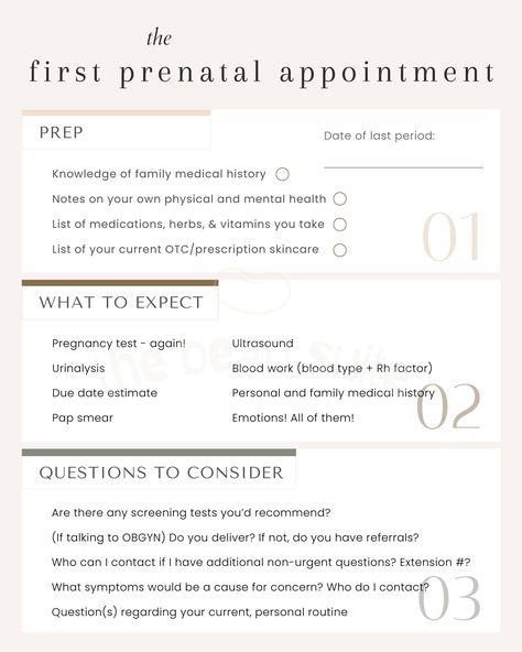 First Prenatal Appointment | Newborn | Pregnancy | Motherhood | 1 Page | 2024 | The Bean Suite | Bean Suite Sheets | Digital Download Only Just found out your pregnant? Download this sheet to help prepare for that first prenatal appointment!  About Us: We're on a mission to redefine the journey to motherhood. In an age where information feels endless, we hope to provide clarity, confidence, and peace of mind through our simple, research-supported one-sheeters. Please reach out to us if you have First Prenatal Appointment Questions, Pregnancy Appointment Timeline, First Time Pregnancy Tips, Pregnancy To Do List, Preparing For Pregnancy, First Prenatal Appointment, Finding Out Your Pregnant, Preconception Planning, Prenatal Appointment