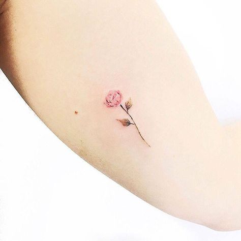 Tiny pink rose tattoo on the left inner arm.. Pink Rose Tattoo, Yellow Rose Tattoos, Rose Tattoo On Arm, Pink Rose Tattoos, Pink Tattoo, Small Rose Tattoo, Tattoo Trend, Small Flower Tattoos, Disney Tattoo