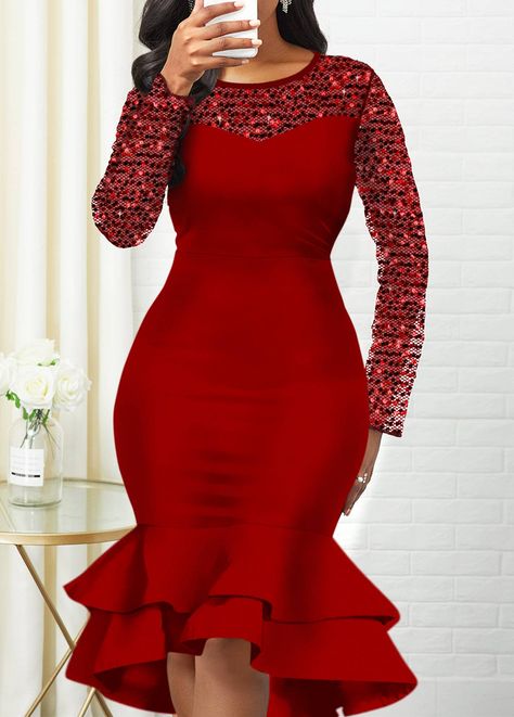 Sequin Detail Round Neck Mermaid Dress | Rosewe.com - USD $17.99 Latest English Dress For Ladies, English Dresses For Ladies Classy, English Dresses For Ladies, Long Sleeve Mermaid Dress, Sassy Chic, Short African Dresses, Lace Dress Styles, Gaun Fashion, Shirt Outfits