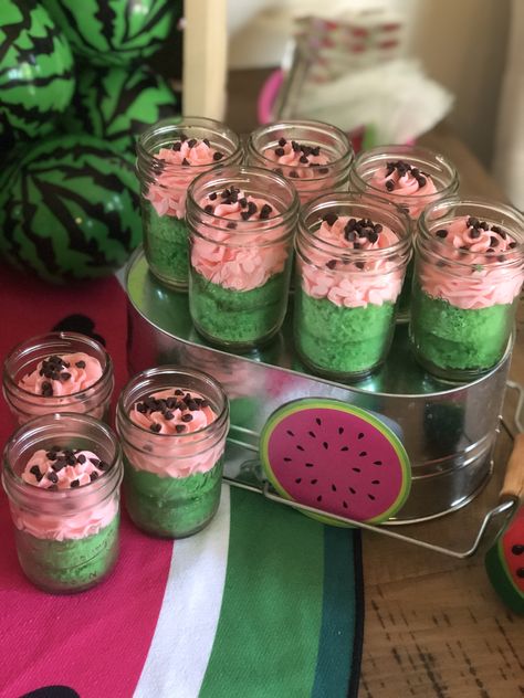 Watermelon cake in mason jar Watermelon Baby Shower Cake, Watermelon Birthday Theme, Cake Designs Colorful, Watermelon Centerpiece Birthday, Fruit Cake Designs, Watermelon Baby Shower Ideas, One In A Melon First Birthday, Watermelon Cake Ideas, Watermelon Party Ideas