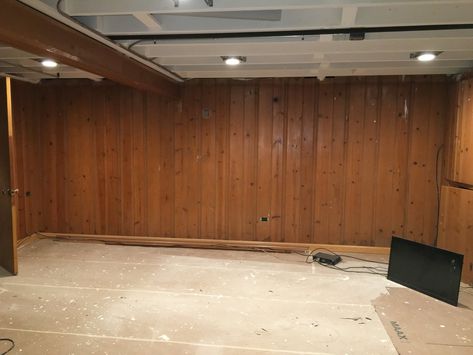 Finished Basement Wood Paneling, Basement With Paneling Ideas, Basement With Unfinished Ceiling, Basement With Paneling, Painted Basement Paneling, Painted Wood Paneling Basement, Basement Paneling Walls, Basement Wall Paneling Ideas, Paneled Basement Makeover