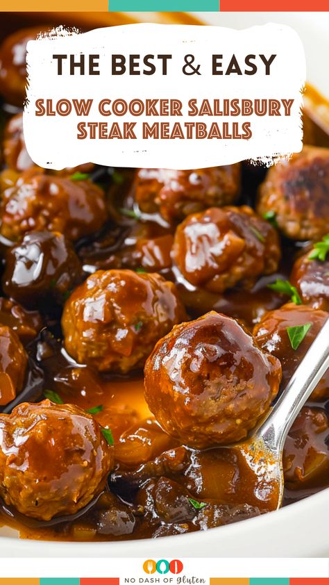 Meatballs Salisbury Steak, Salsberry Steak Meatballs With Gravy, Healthy Slow Cooker Meatballs, Crockpot Meatball Salisbury Steak, Meatball In Crockpot Recipe, Salisbury Gravy Recipe, Winter Hamburger Recipes, Ground Beef Recipes Meatballs, Salbery Steak Meatballs