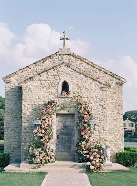 The French Chapel with a flower arch for a wedding at The Clubs at Houston Oaks. Head to the blog to get more flower inspiration from this wedding! Chapel Wedding Decorations, Wedding Church Flowers, Wedding Ceremony Floral Arch, Outdoor Cocktail Hour, Bridal Emergency Kits, Outdoor Cocktail, Flower Arch, Cherry Blossom Wedding, Romantic Garden Wedding