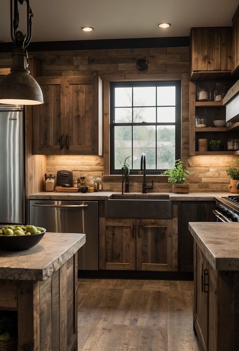 Rustic Ranch House Interior, Rustic Granite Countertops, Rustic Galley Kitchen Ideas, Dark Modern Farmhouse, Small Rustic Kitchens, Rustic Kitchen Backsplash, Meadow House, Cabin Remodel, Ranch Kitchen