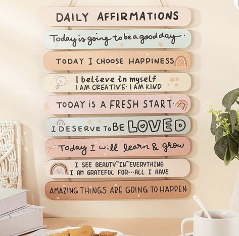 Classroom Gallery Wall, Affirmations Wall Decor, Manifest Quotes, Homemade Wall Decorations, Bedroom Rainbow, Hanging Quotes, Posters Diy, Affirmations Wall, Doctor Quotes