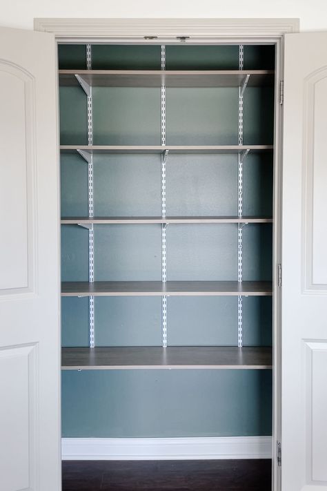 Adjustable Pantry Shelving Ideas, Track Shelving Closet, Replacing Wire Shelves In Pantry, Diy Adjustable Shelves, Ikea Pantry Ideas, Adjustable Closet Shelving, Track Shelving, Diy Pantry Shelves, Painting Ikea Furniture