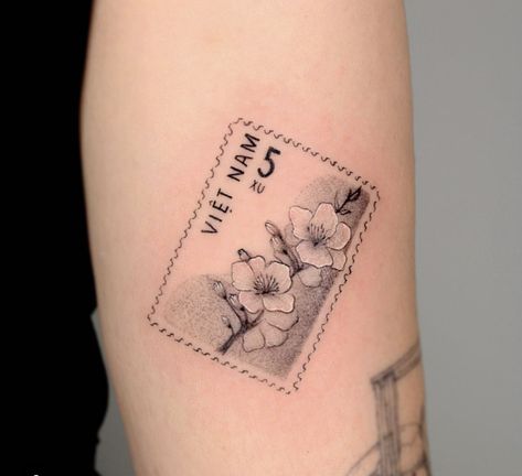 Orchid Postage Stamp Tattoo, Puerto Rico Stamp Tattoo, Vietnamese Stamp Tattoo, Stamp Outline Tattoo, Vietnam Stamp Tattoo, Postage Stamp Tattoo Ideas, Vietnamese Tattoo Ideas, Post Stamp Tattoo, Postcard Tattoo