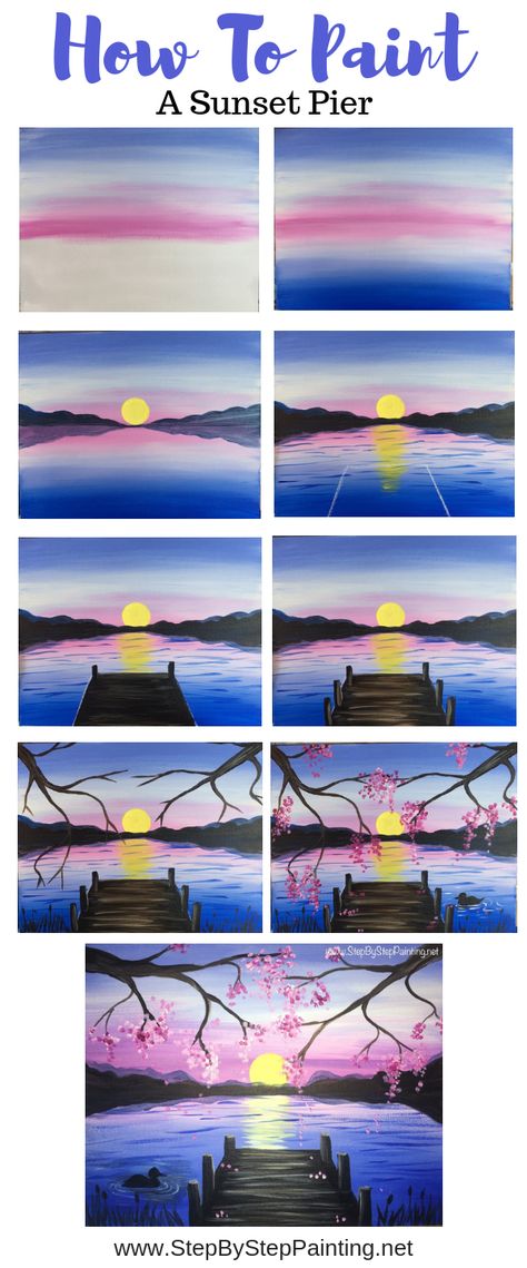 Paint A Sunset, Sunset Lake, Lake Painting, Canvas Painting Tutorials, Easy Canvas Painting, Seni Cat Air, Canvas Painting Diy, Acrylic Painting Tutorials, Simple Acrylic Paintings