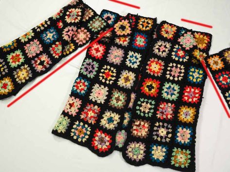 THNLife - Upcycled Granny Square Cardigan | Ashley Zhong Upcycle Afghans, Afghan Upcycle, Upcycled Afghan, Crochet Upcycling, Crochet Granny Square Scarf, Crocheted Sweaters, Scarf Free Pattern, Vintage Granny Square, Upcycle Crafts