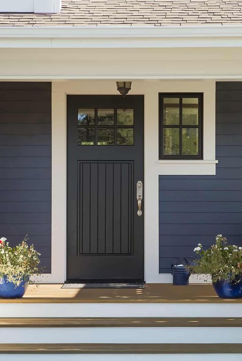 Blue House Black Door, Navy House Exterior, House Doors Colors, Navy Blue Houses, Light Blue Houses, Dark Blue Houses, Best Front Door Colors, Exterior Door Colors, Blue Siding