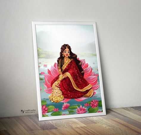 Laxmi Ji Painting, Laxmi Ji Drawing, Laxmi Mata Drawing, Goddess Lakshmi Art, Women Illustration Art, Lakshmi Art, Laxmi Mata, Illustration Art Prints, Minimalist Portrait