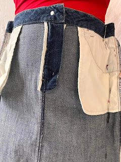 I Can Work With That; Refashions by Chickie W.U.: Making a Denim Skirt Fit Better Converting Jeans To Skirt, Diy Jean Skirt, Big Jeans, Skirt Ideas, Sewing Alterations, Long Denim Skirt, Jeans Diy, Skirt Fits, Straight Stitch