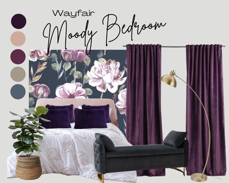 Embrace the Dark Side: Moody Bedroom Inspiration – Babbling Babe Dark Plum Bedroom, Moody Purple Bedroom, Deep Purple Bedroom, Dark Purple Bedroom, Plum Bedroom, Dark Purple Walls, Moody Design, Picture Frame Table, Color Bedroom