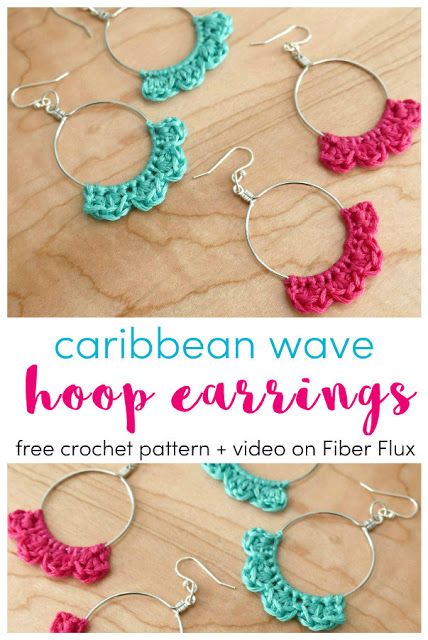 Fiber Flux: Caribbean Wave Hoop Earrings, Free Crochet Pattern + Video Boho Crochet Earrings Pattern, Upcycle Earrings, Crochet Jewlery, Crochet Geek, Crochet Jewelry Patterns, Crochet Earrings Pattern, Boho Crochet, Earring Patterns, Crochet Pattern