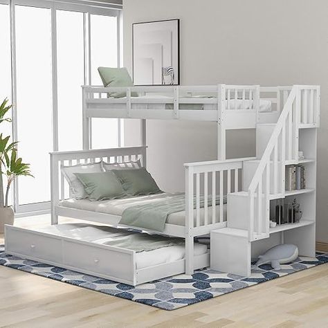 Amazon.com: SOFTSEA Bunk Bed Twin Over Full with Trundle and Stairs and Shelves Kid's Bedroom Furniture BUnk Bed Frame, Convertible to 2 Beds, No Box Spring Needed : Home & Kitchen Stairway Bunk Beds, Trundle Bed With Storage, Solid Wood Bunk Beds, Twin Over Full Bunk Bed, Bunk Beds With Drawers, Full Bunk Bed, Guard Rail, Wood Bunk Beds, Bunk Beds With Storage