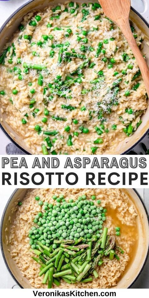 Risotto with asparagus and pea in a white casserole. Risotto Recipes Asparagus, Vegetable Rissoto Recipes, Risotto Without Wine, Spring Meal Ideas, Risotto Asparagus, Vegetable Risotto Recipes, Asparagus Dinner, Asparagus Side Dish, Risotto Recipes Easy