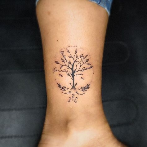 Small Family Tree Tattoo Ideas, Deciduous Tree Tattoo, Rustic Matching Tattoos, Tree Of Life Tattoo Feminine Small Wrist, Tree Of Life Tattoo Ankle, Grounding Tree Tattoo, Olive Trees Tattoo, Simple Family Tree Tattoo, Ornamental Tree Tattoo