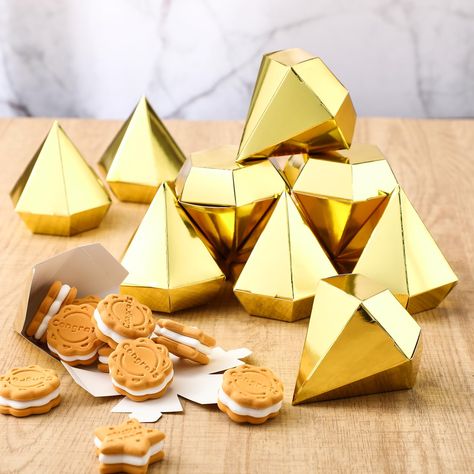 PRICES MAY VARY. Elegant Material and Design: these diamond candy boxes made from metallic card paper that gives an elegant look; The gold color adds a touch of luxury that's nice for a classy setup at any event; These boxes could make your gift giving more extraordinary and memorable Package Inclusion: the package includes 24 sets of diamond candy boxes and instruction for assembly; This set offers convenience and value, taking the easy away from your party preparations Suitable Size: these dia Party Favors Quince, Adult Gift Bag Ideas Party Favors, Event Gift Bags, 60th Birthday Party Favors, Elegant Party Favors, Birthday Party Favors For Adults, Luxury Party Favors, 70th Birthday Party Favors, Sweet Sixteen Party Favors