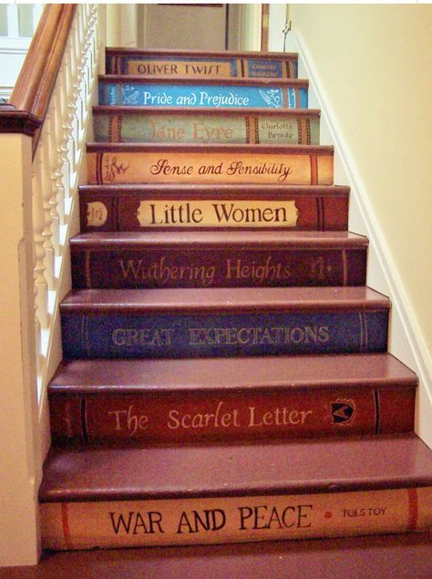 Julie Drake on Twitter: "@Writer_DG how cool would this look with your book titles? https://t.co/Zy6IAKa8K2" Book Staircase, Book Stairs, Painted Staircases, Attic Stairs, Casa Country, Painted Stairs, Attic Renovation, Attic Storage, Attic Remodel