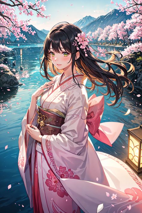 "Discover the ethereal beauty of a serene night under the Sakura in this digital painting. Embrace tranquility with glowing lanterns, cherry blossoms, and a traditional kimono-clad maiden." Japanese Warriors, Female Ocs, Enchanted Characters, Cherry Blossom Girl, Anime Kimono, Japanese Warrior, Traditional Kimono, Fairy Angel, Ethereal Beauty