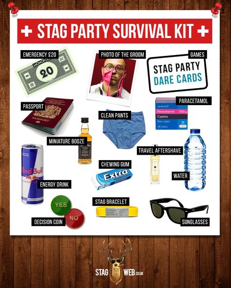 Hen Party Ideas Activities, Stag Party Games, Stag Ideas, Stag Do Ideas, Groom Reaction To Bride, Bachelor's Party, Party Survival Kit, Gifts For The Groom, Party Dares