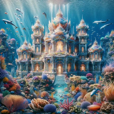 Mermaid Palace Under The Sea, Underwater Castle Fantasy Art, Sea Castle Fantasy Art, Water Planet Concept Art, Mermaid City Underwater, Sea Kingdom Aesthetic, Ocean Kingdom Aesthetic, Underwater Kingdom Fantasy Art, Under Water Castle