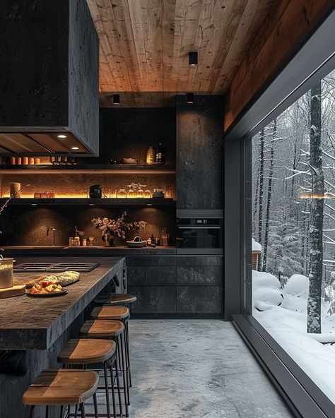 Black Cabin, Bergen, Norway by Soheil Ki|Visualization Norway Cabin Interior, Cozy Cabin Design, Mountain Chalet Kitchen, Norway Interior Design, Mountain Lodge Interior Design, Norway House Interior, Contemporary Mountain Home Interiors, Nordic Cabin Interior, Chalet Lighting