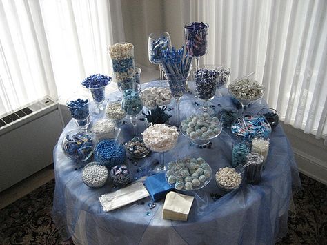 Blue Candy Bars, White Candy Buffet, Diamonds And Denim Party, Blue Candy Buffet, Basketball Party Decorations, Wedding Candy Table, Communion Ideas, Candy Buffet Wedding, Candy Bar Party