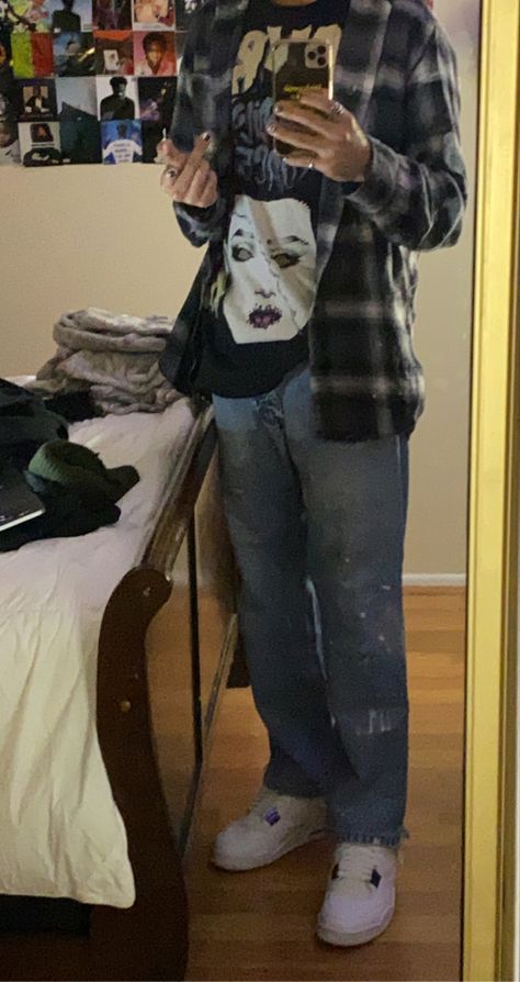 thrifted zombie shirt, carhartt denim pants, metallic purple 4’s, grey and white flannel Blue And Grey Flannel Outfit, Grunge Flannel Outfits Men, Flannel Boy Aesthetic, Flannel Aesthetic Boy, Blue And White Flannel Outfit, Flannel Fits Men, Flannel Shirt Outfits Men, Flannel Shirt Outfit Men, Purple Shirt Outfit Men