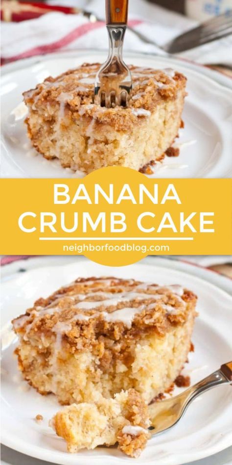 For a delicious breakfast idea or after dinner dessert recipe, this ultra moist, buttery, cinnamon spiked Banana Crumb Cake hits the spot. This simple crumb cake recipe can be whipped up quickly and is the perfect brunch recipe for lazy weekends. Click through to grab this banana cake recipe that will quickly become a family favorite! || NeighborFood #bananacake #bananacakerecipe #dessertrecipes #cakerecipes #neighborfood After Dinner Dessert, Icing Drizzle, Banana Crumble, Banana Crumb Cake, Crumb Cake Recipe, Banana Dessert Recipes, Banana Cake Recipe, Brunch Recipe, Banoffee Pie