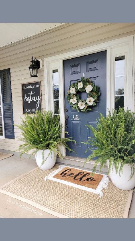 Front Porch Ideas Flowers Planters, Summer Porch Decor Front Entry Spring, Cute Front Porch Ideas Summer, Front Porch And Landscaping Ideas, Front Yard And Porch Ideas, Small Front Porch Inspiration, Ferns In Planters Front Porches, Spring Front Step Decor, Fern Decor Outdoor