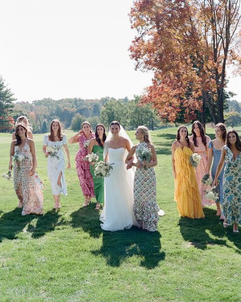 The Art of Mismatched Bridesmaid Dressing, According to an OTM Bridal Stylist - Over The Moon Bridesmaid Dresses Texture, Colourful Mismatched Bridesmaids, Whimsical Bridal Party, 2025 Bridesmaid Trends, Garden Party Wedding Mother Of The Bride, Mix Match Bridal Party, Random Bridesmaid Dresses, Floral Bridesmaids Dresses Mismatched, 3 Bridesmaids Mismatched