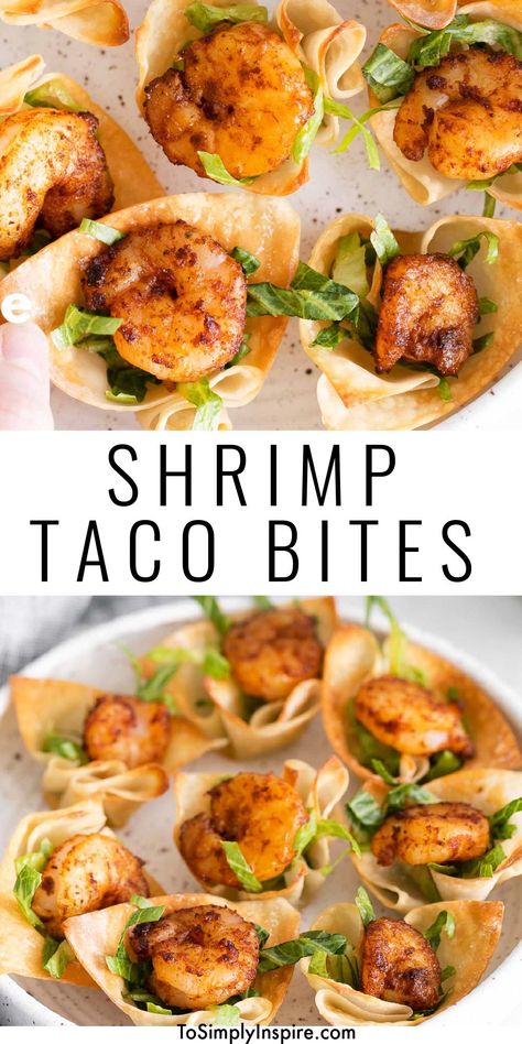 Wonton Shrimp Tacos, Shrimp Taco Bites, Mini Taco Appetizer, Shrimp Appetizers Easy, Taco Appetizers, Mexican Shrimp Recipes, Spiced Shrimp, Shrimp Appetizer Recipes, Taco Bites