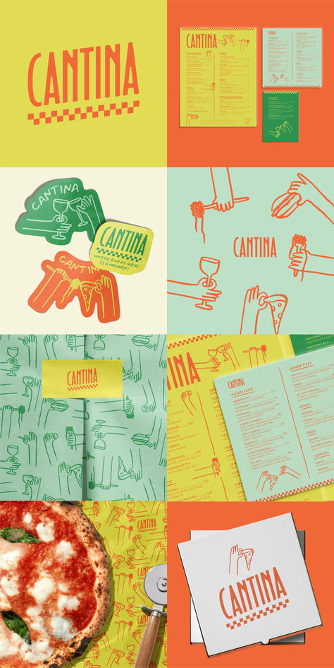 CANTINA is a fictional modern italian restaurant. It has a modern, welcoming and friendly feel, with a bold color palette, a bold logo font & playful illustrations of hands holding food and glasses. I created the brand identity and print assets, like menu, bag & tissue paper designs.The illustrations include drawings of hands holding: pizza, pasta, burgers, chicken bites, fries, spaghetti, wine & cheersing. Fries Illustration Design, Food Branding Identity, Bold Modern Color Palette, Pizza Visual Identity, It Branding Design, Pasta Color Palette, Italian Restaurant Branding Design, Chicken Branding Design, Italian Restaurant Graphic Design