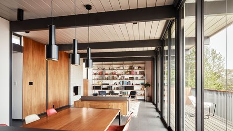 Eichler House, 1960s House, Tongue And Groove Ceiling, Eichler Homes, Built In Cupboards, Custom Home Designs, Floor To Ceiling Windows, Mid Century Modern House, California Homes