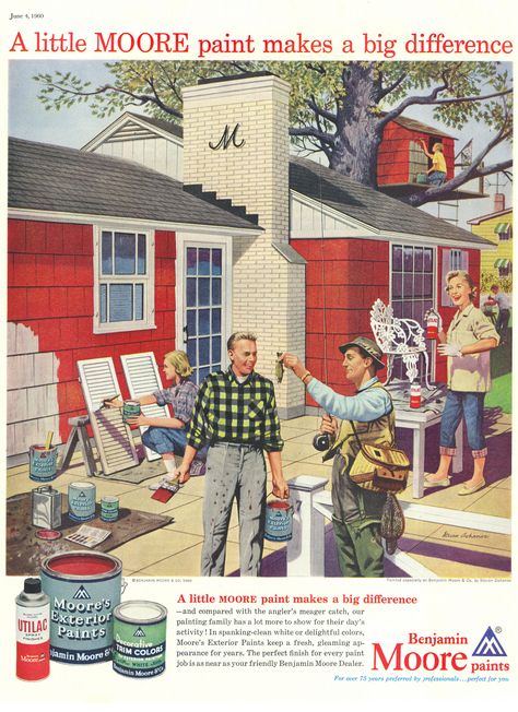 1960-(via File Photo) Benjamin Moore Exterior, Paint Store, Great Ads, Benjamin Moore Paint, Storing Paint, Man Caves, Ad Art, Print Advertising, Vintage Radio