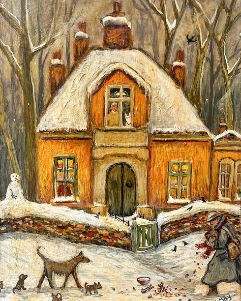 “The Window Of Kindness “ 2023 Acrylic on custom canvas board. Measures 10x8 inches House In Snow, Painting Folk Art, Beach Sunset Painting, Contemporary Folk Art, Art Cottage, Cottage Painting, Naive Illustration, Storybook Art, Snowy Landscape