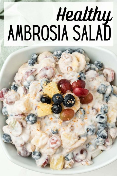 Healthy Dessert Salads, Ambrosia Salad Healthy, Vegan Ambrosia Fruit Salad, Aip Fruit Salad, Vegan Fruit Salad Recipes, Dairy Free Ambrosia Salad, Healthy Ambrosia Salad, Vegan Ambrosia Salad, Whole 30 Fruit Salad