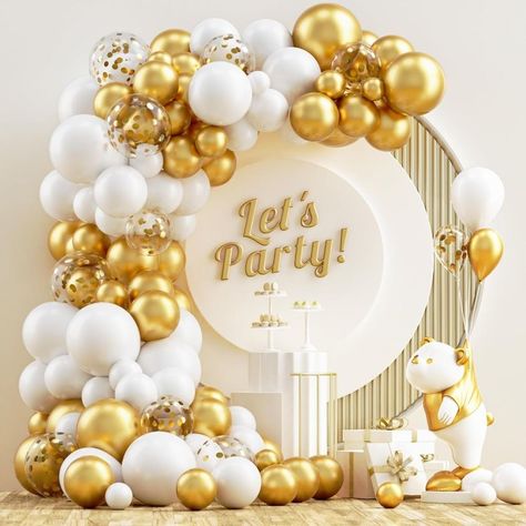 Size: 5in,12in,18in Package Includes: 1 park Balloon Arch Kit Special Feature: Different Sizes,Multi-color,with Adhesive Dots Tape Material: Latex Color: White,Gold [Best Quality]:The white and gold balloons is made of high quality latex, it is thick, not easy to burst, and the color is true. High-quality latex allows the balloon to stretch well when inflated. Adding helium can make the balloon float. Don't worry if the balloons are leaking, they can last a long time. [Easy to Assemble]: White and gold balloon arch kit is very easy to assemble, enjoy the fun of DIY. Inflating is easy and you can hang them on trees, walls, windows, doorways, dining tables and anywhere you like. Decorate weddings, bridal baby showers, engagement anniversaries, birthday decorations and any party you can think White And Gold Balloons, Balloon Wreath, 1st Birthday Balloons, Balloon Arch Kit, Balloon Pictures, Anniversary Party Decorations, Gold Confetti Balloons, Bachelorette Party Decorations, White Balloons