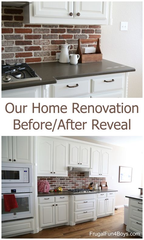 Our Home Renovation Before/After Reveal - Frugal Fun For Boys and Girls White Kitchen Cabinets Brick Backsplash, White Cabinets With Brick Backsplash, White Kitchen Cabinets With Brick Backsplash, Kitchen Cabinets With Brick Backsplash, White Cabinets Brick Backsplash, Red Brick Backsplash Kitchen, White Kitchen Brick Backsplash, Brick Backsplash Kitchen White Cabinets, White Kitchen With Brick Backsplash